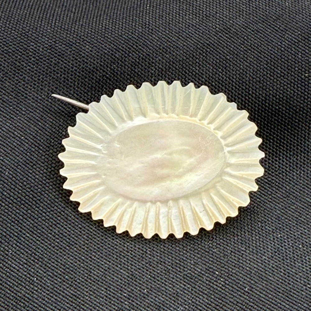 Tiny Vintage Mother of Pearl Carved Scalloped Oval Brooch Iridescent Shell‎ Pin